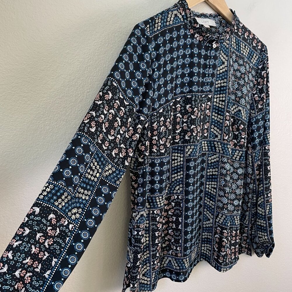 Loft Womens Medium Patchwork Back Peplum Blouse Long Sleeve‎ Shirt Top - Picture 9 of 12